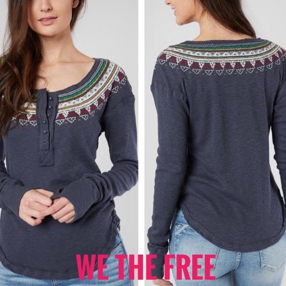 WE THE FREE Embroidered Henley Thermal.Top